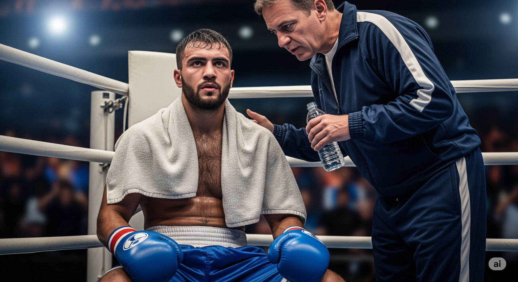 A boxer pausing in the corner of the ring with his coach, taking a moment to recalibrate