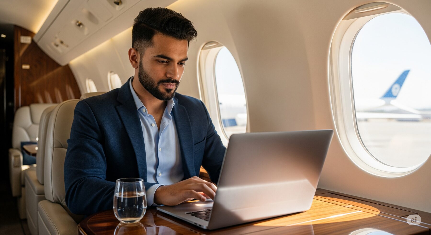 An entrepreneur working on his laptop mid-flight, unable to switch off